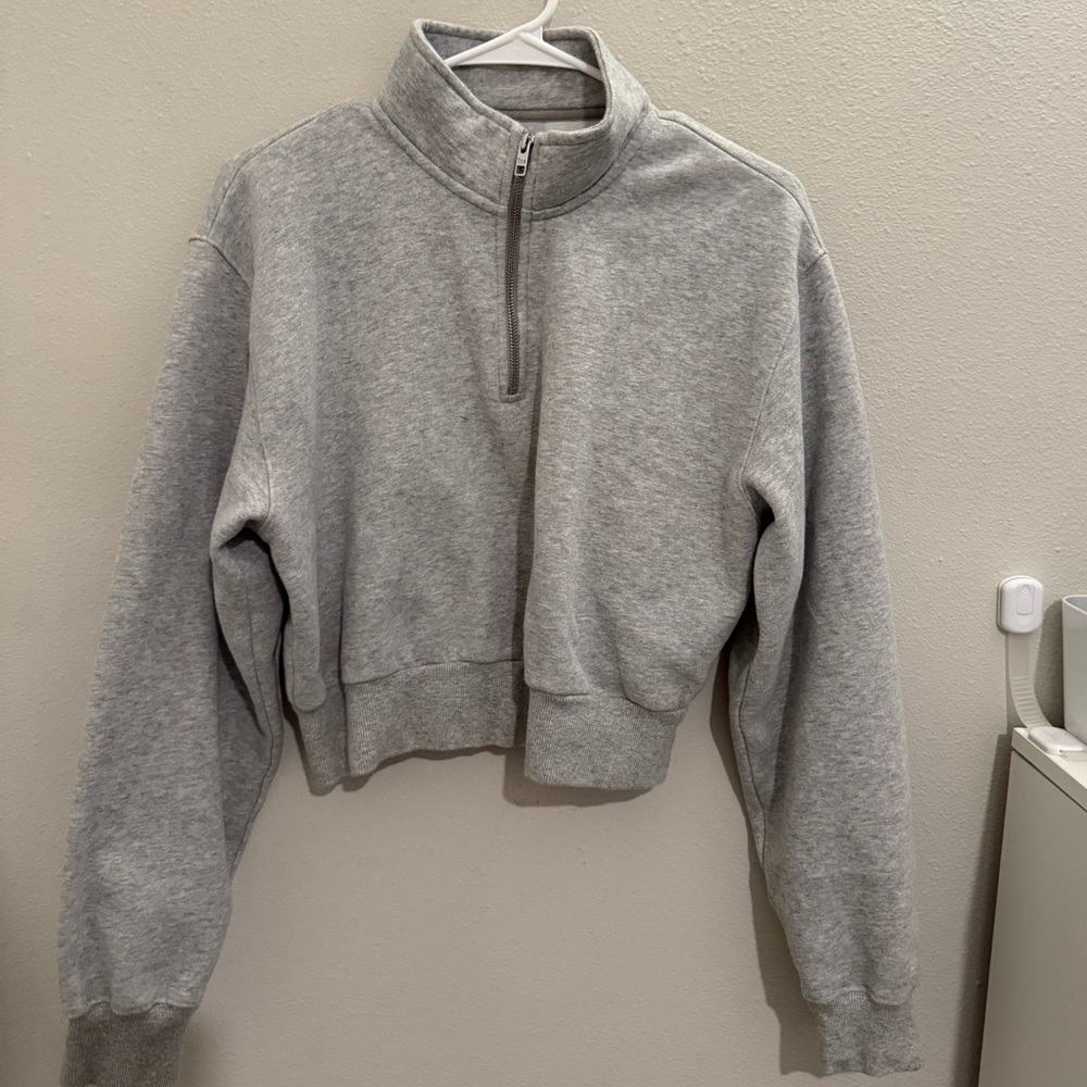 TNA Heather Gray CozyAF Zip-Up Crop Top